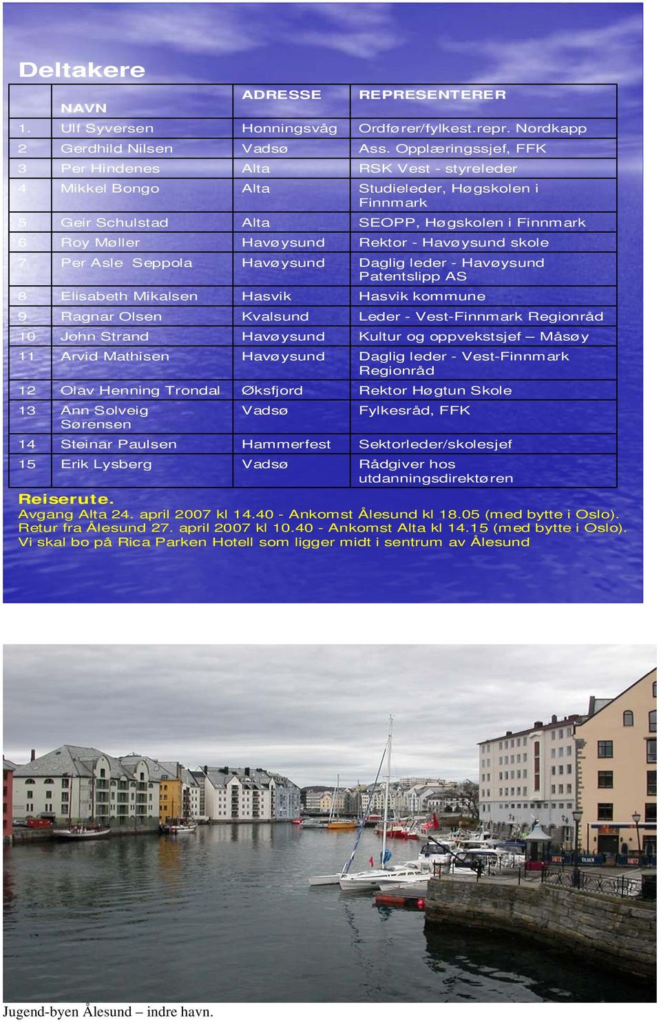 Henning Trondal Ann Solveig Sørensen Steinar Paulsen ADRESSE Honningsvåg Vadsø Alta Alta Alta Havøysund Havøysund Hasvik Kvalsund Havøysund Havøysund Øksfjord Vadsø Hammerfest REPRESENTERER