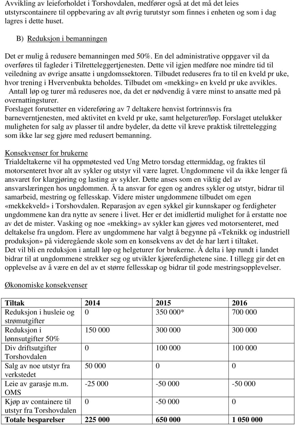 Dette vil igjen medføre noe mindre tid til veiledning av øvrige ansatte i ungdomssektoren. Tilbudet reduseres fra to til en kveld pr uke, hvor trening i Hvervenbukta beholdes.