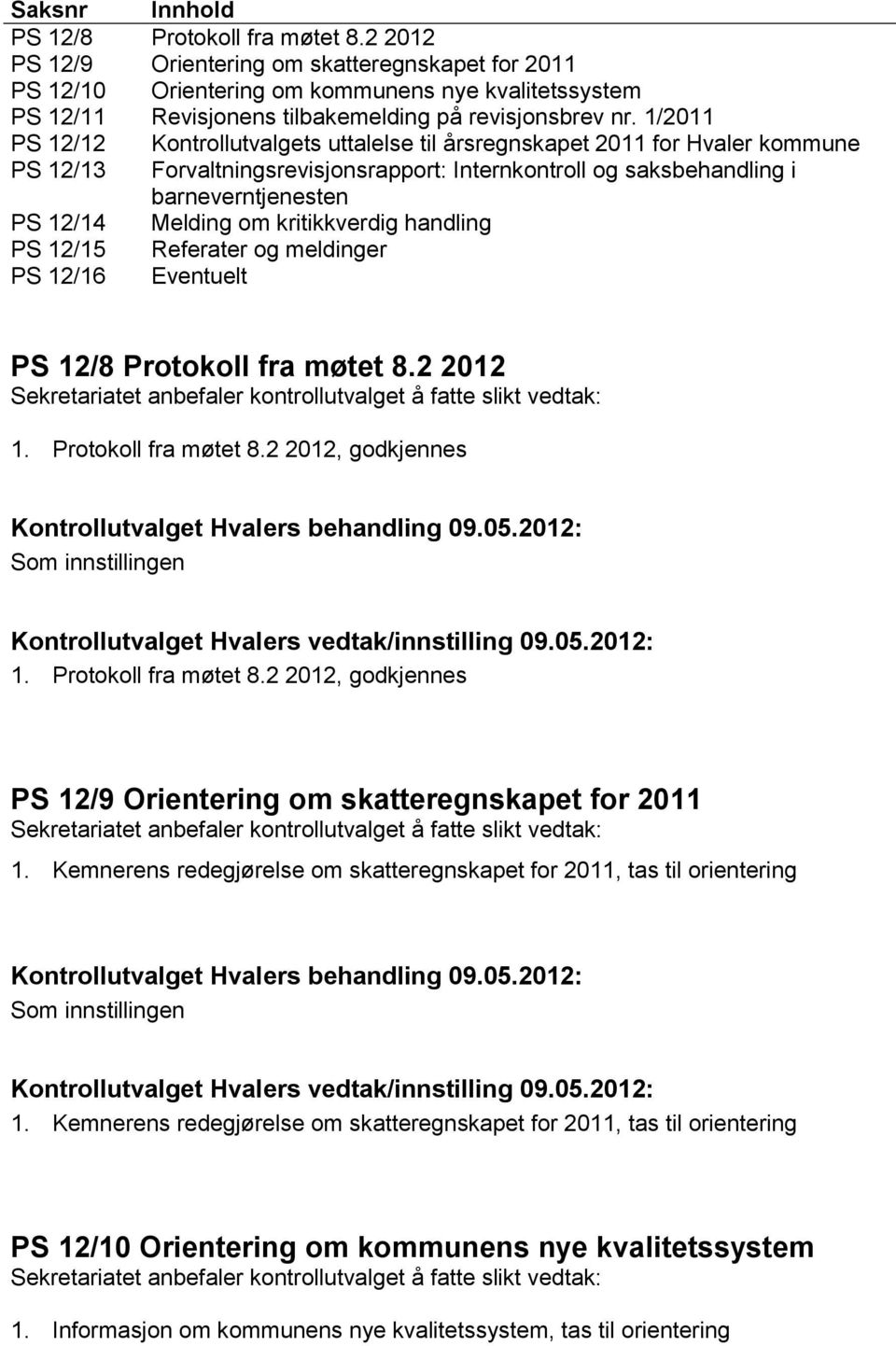 1/2011 PS 12/12 Kontrollutvalgets uttalelse til årsregnskapet 2011 for Hvaler kommune PS 12/13 Forvaltningsrevisjonsrapport: Internkontroll og saksbehandling i barneverntjenesten PS 12/14 Melding om