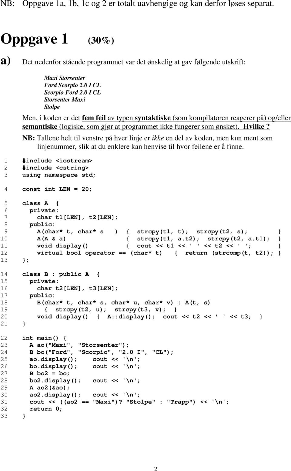 0 I CL Storsenter Maxi Stolpe Men, i koden er det fem feil av typen syntaktiske (som kompilatoren reagerer på) og/eller semantiske (logiske, som gjør at programmet ikke fungerer som ønsket). Hvilke?