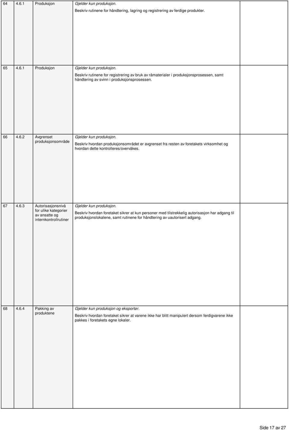 Beskriv hvordan foretaket sikrer at kun personer med tilstrekkelig autorisasjon har adgang til produksjonslokalene, samt rutinene for håndtering av uautorisert adgang. 68