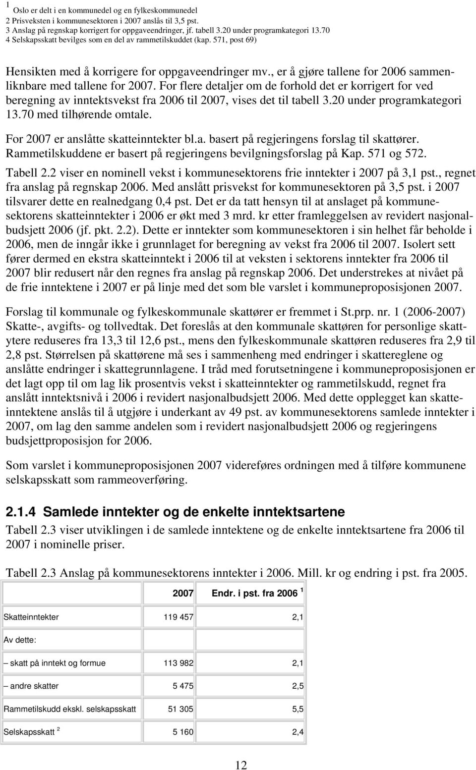 , er å gjøre tallene for 2006 sammenliknbare med tallene for 2007. For flere detaljer om de forhold det er korrigert for ved beregning av inntektsvekst fra 2006 til 2007, vises det til tabell 3.