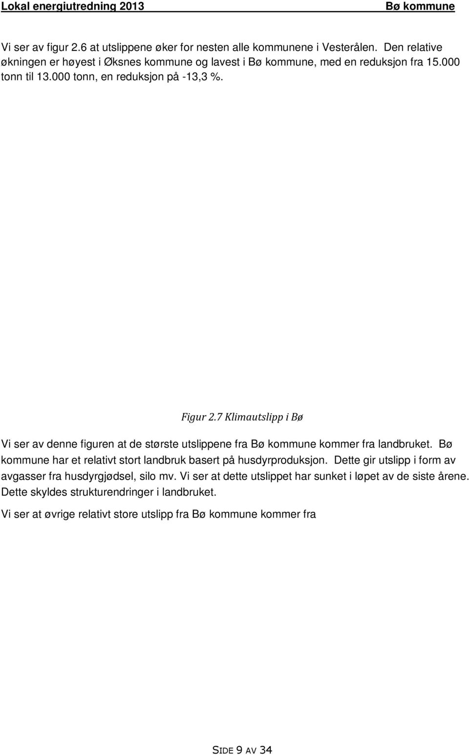 Bø kommune har et relativt stort landbruk basert på husdyrproduksjon. Dette gir utslipp i form av avgasser fra husdyrgjødsel, silo mv. Vi ser at dette utslippet har sunket i løpet av de siste årene.