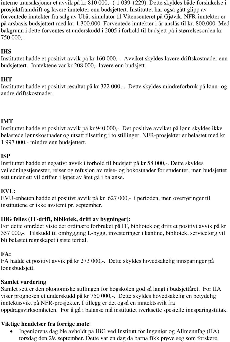 Forventede inntekter i år anslås til kr. 800.000. Med bakgrunn i dette forventes et underskudd i 2005 i forhold til budsjett på i størrelsesorden kr 750 000,-.