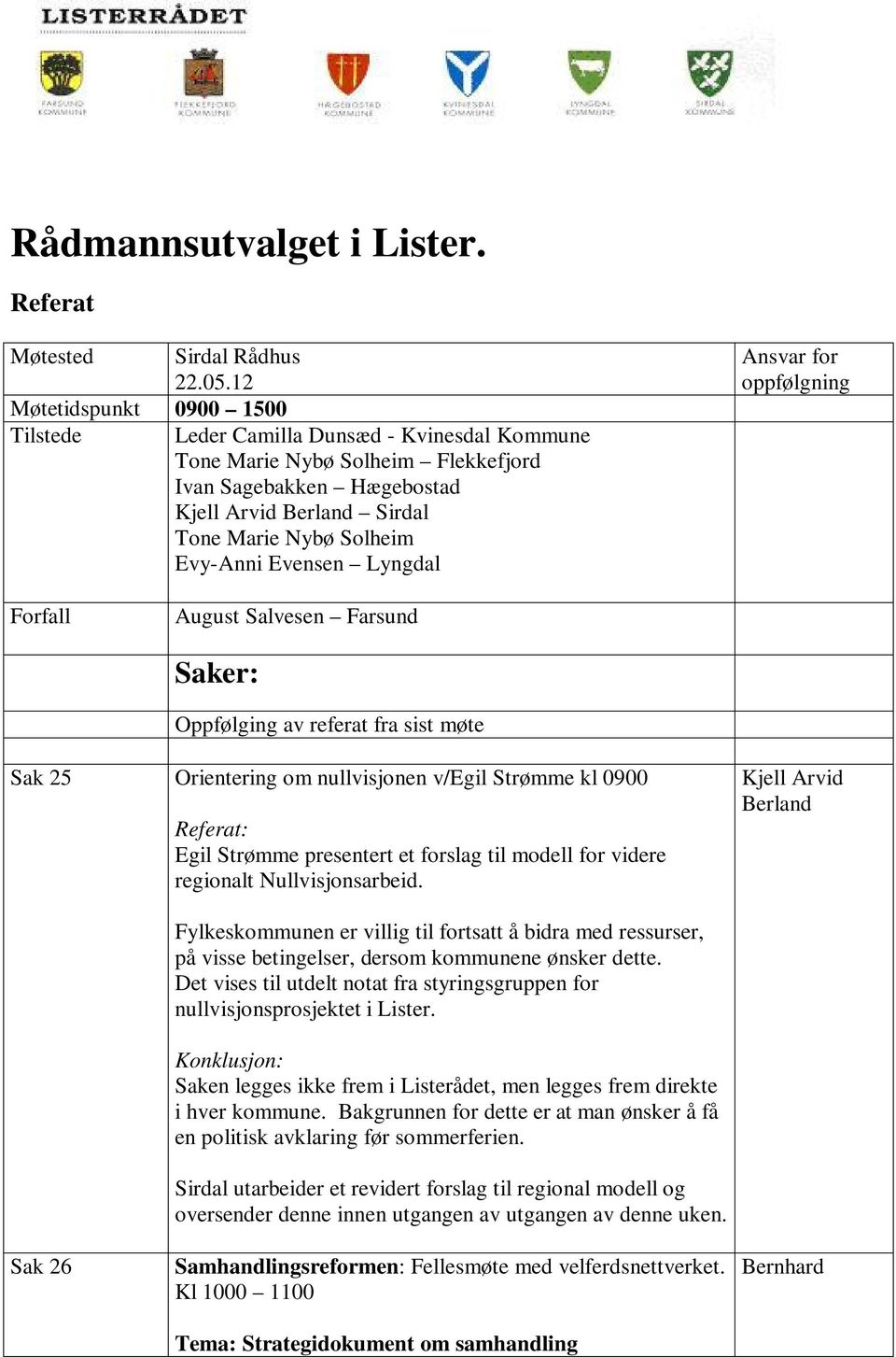 Evensen Lyngdal Ansvar for oppfølgning Forfall August Salvesen Farsund Saker: Oppfølging av referat fra sist møte Sak 25 Orientering om nullvisjonen v/egil Strømme kl 0900 Egil Strømme presentert et