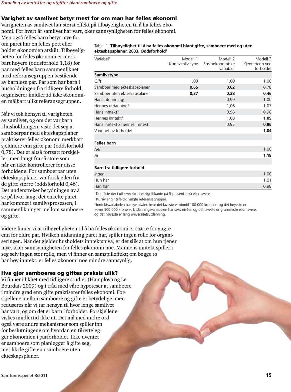 Tilbøyeligheten for felles økonomi er merkbart høyere (oddsforhold 1,18) for par med felles barn sammenliknet med referansegruppen bestående av barnløse par.