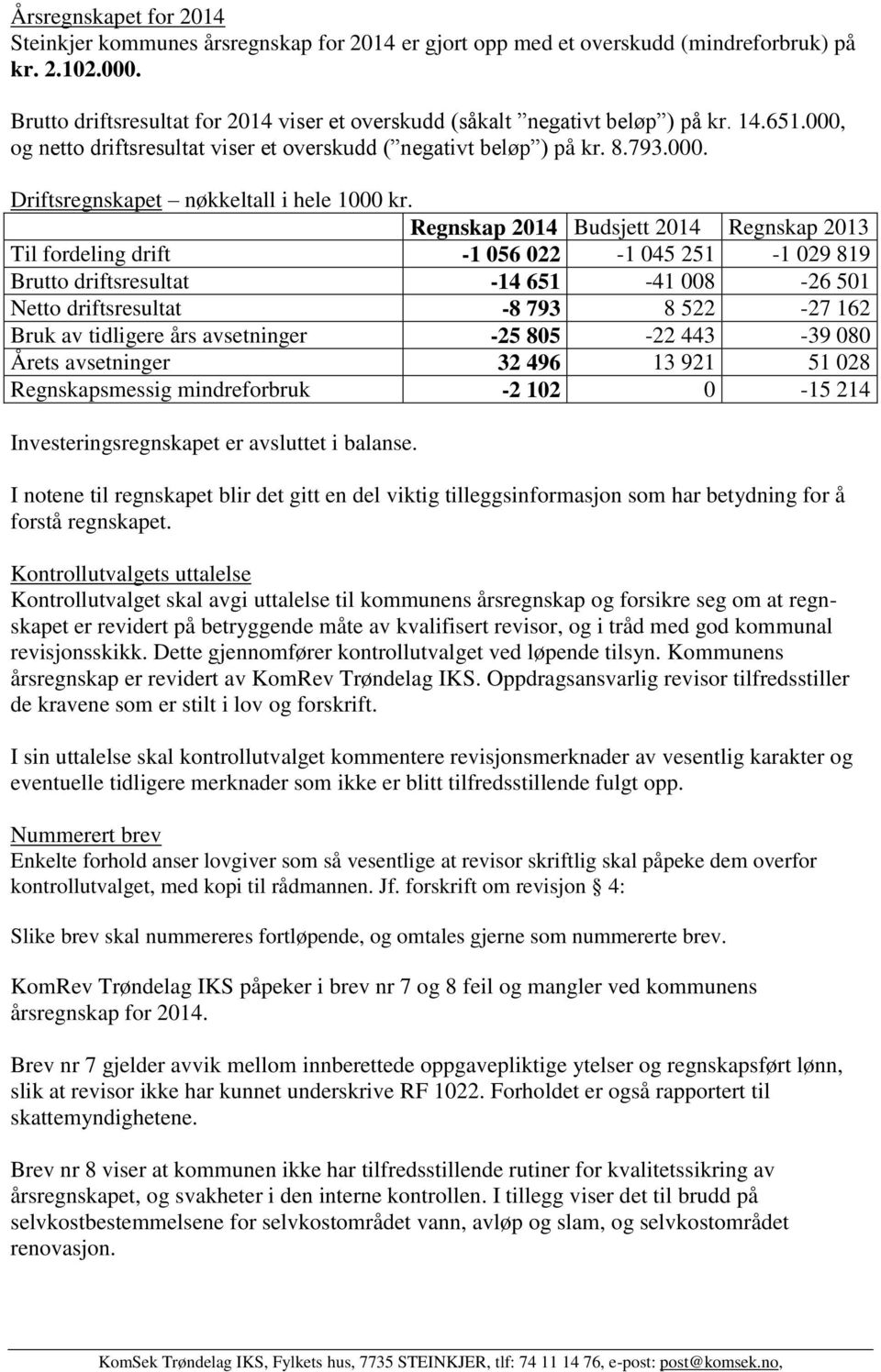 Regnskap 2014 Budsjett 2014 Regnskap 2013 Til fordeling drift -1 056 022-1 045 251-1 029 819 Brutto driftsresultat -14 651-41 008-26 501 Netto driftsresultat -8 793 8 522-27 162 Bruk av tidligere års