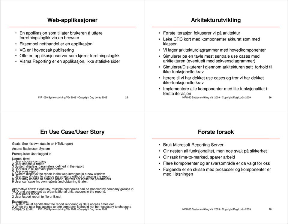 vi på arkitektur Leke CRC kort med komponenter akkurat som med klasser Vi lager arkitekturdiagrammer med hovedkomponenter Simulerer på en tavle mest sentrale use cases med arkitekturen (eventuelt med