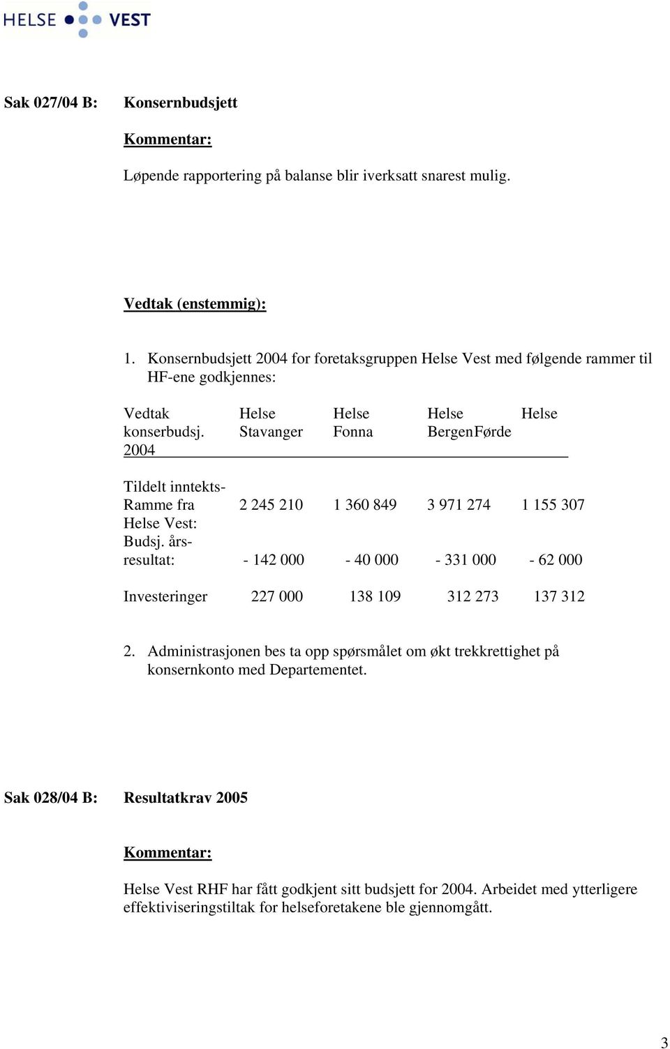 Stavanger Fonna Bergen Førde 2004 Tildelt inntekts- Ramme fra 2 245 210 1 360 849 3 971 274 1 155 307 Helse Vest: Budsj.