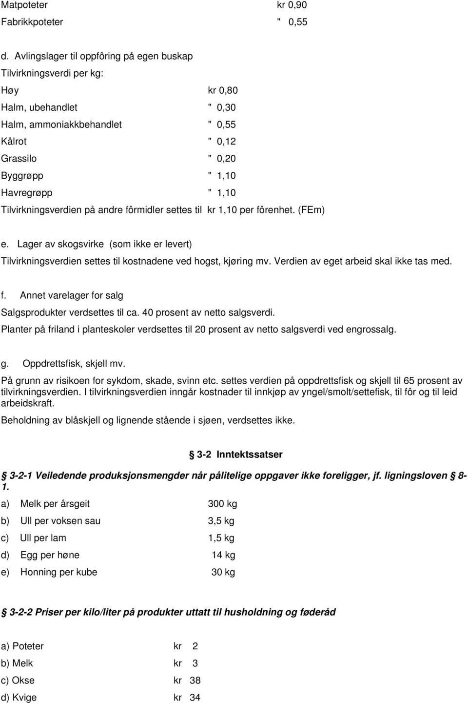 Tilvirkningsverdien på andre fôrmidler settes til kr 1,10 per fôrenhet. (FEm) e. Lager av skogsvirke (som ikke er levert) Tilvirkningsverdien settes til kostnadene ved hogst, kjøring mv.