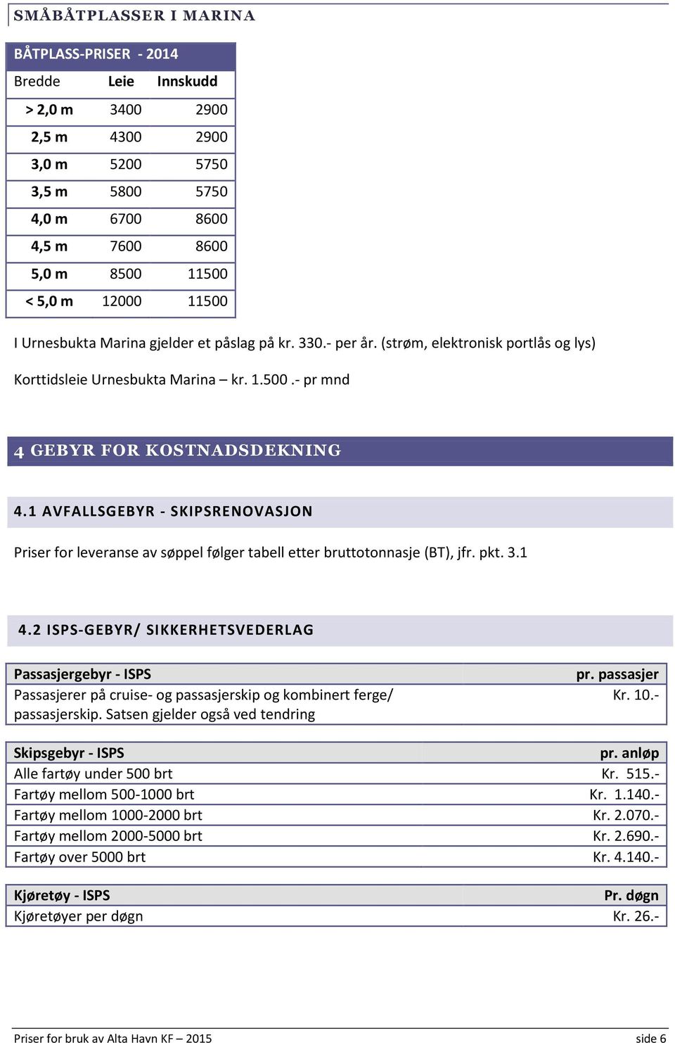 1 AVFALLSGEBYR - SKIPSRENOVASJON Priser for leveranse av søppel følger tabell etter bruttotonnasje (BT), jfr. pkt. 3.1 4.