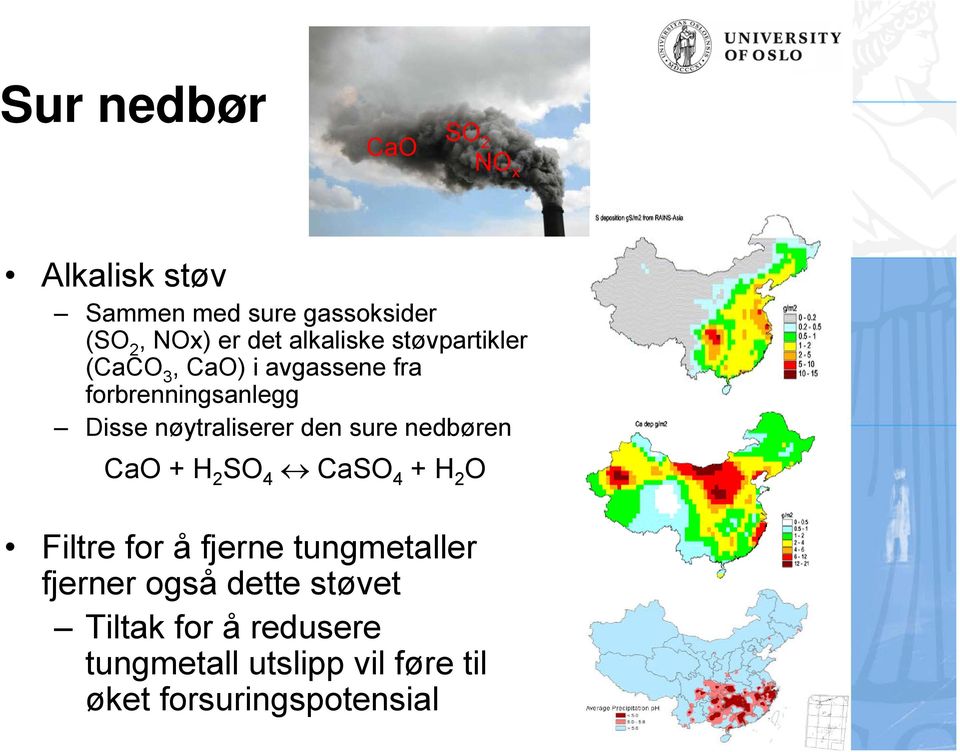 nøytraliserer den sure nedbøren CaO + H 2 SO 4 CaSO 4 + H 2 O Filtre for å fjerne