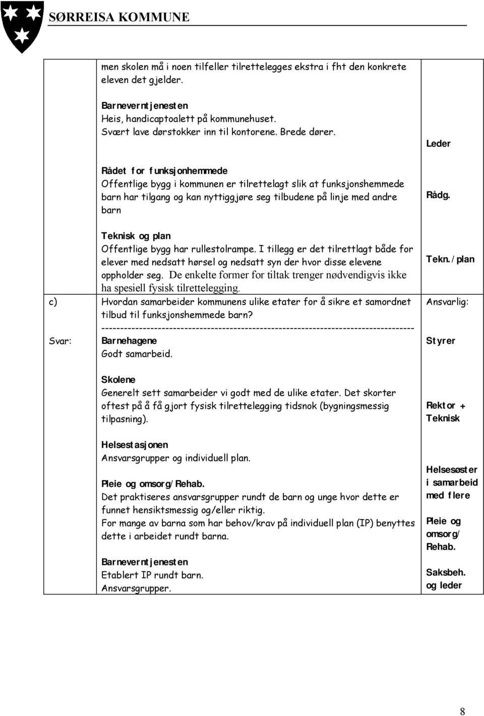 c) Teknisk og plan Offentlige bygg har rullestolrampe. I tillegg er det tilrettlagt både for elever med nedsatt hørsel og nedsatt syn der hvor disse elevene oppholder seg.