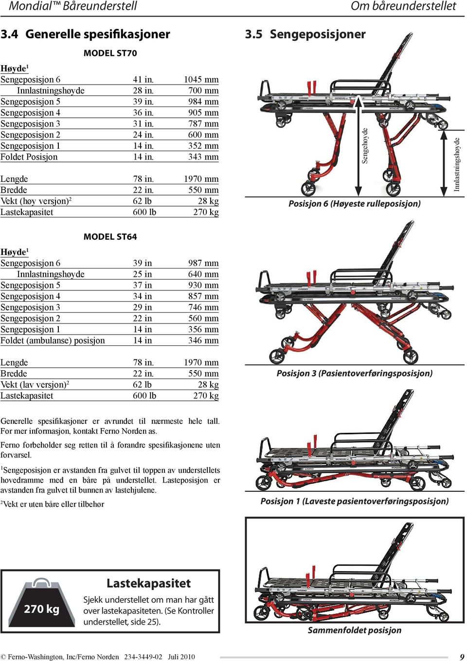 550 mm Vekt (høy versjon) 2 62 lb 28 kg Lastekapasitet 600 lb 270 kg 3.