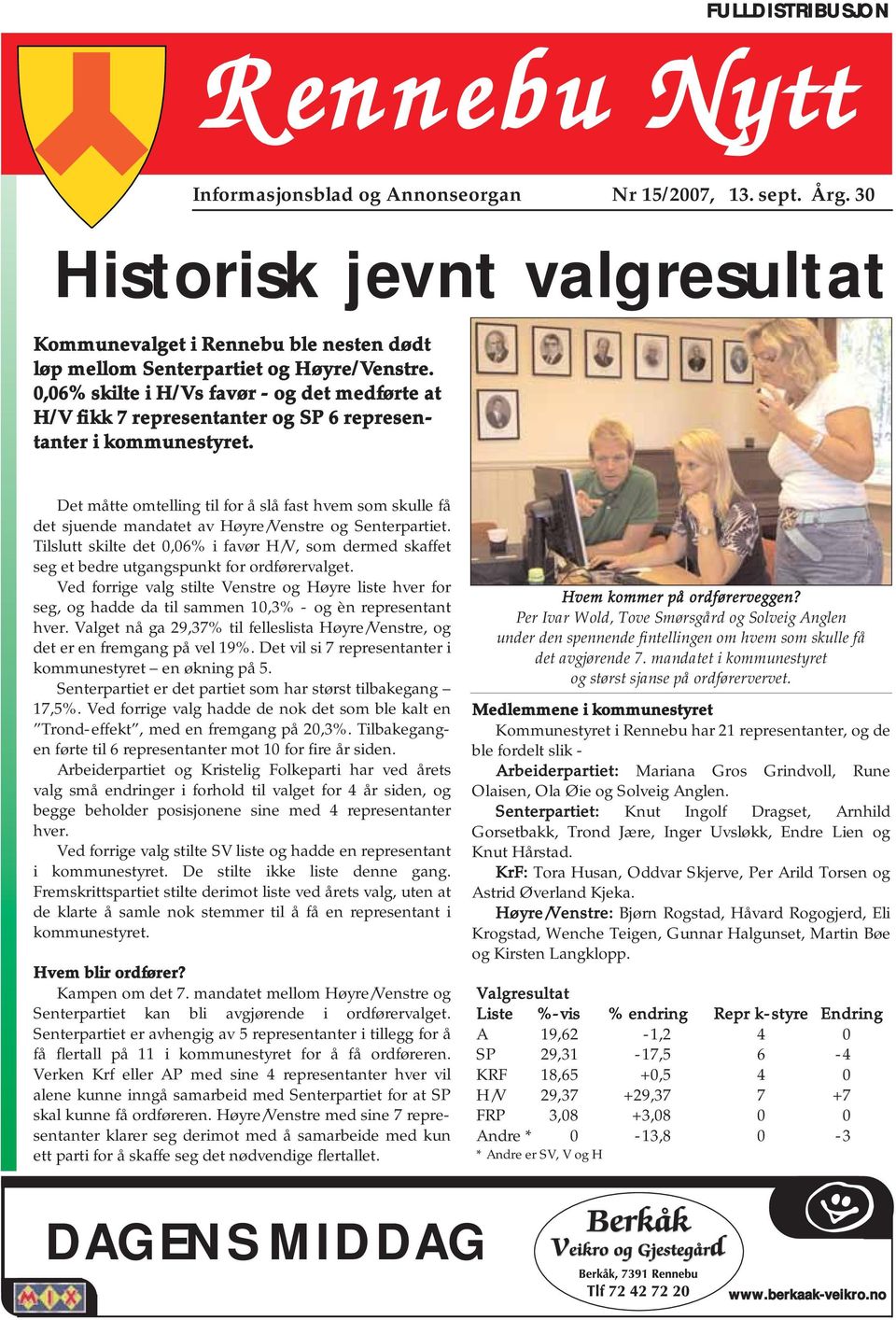 0,06% skilte i H/Vs favør - og det medførte at H/V fikk 7 representanter og SP 6 representanter i kommunestyret.