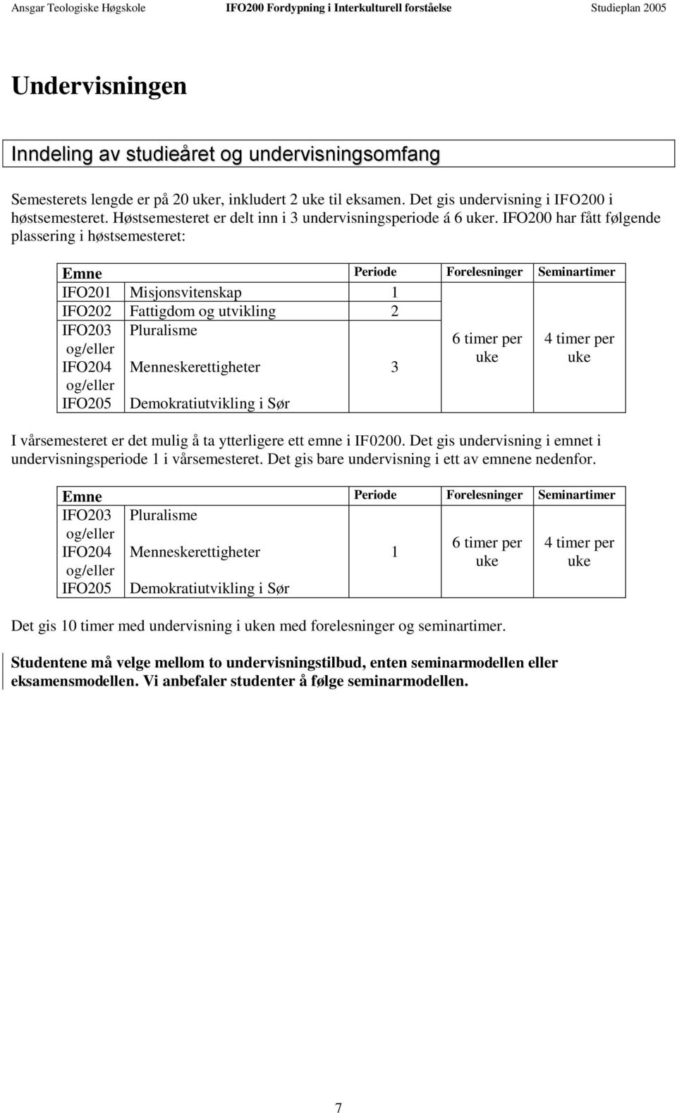 IFO200 har fått følgende plassering i høstsemesteret: Emne Periode Forelesninger Seminartimer IFO201 Misjonsvitenskap 1 IFO202 Fattigdom og utvikling 2 IFO203 Pluralisme og/eller IFO204