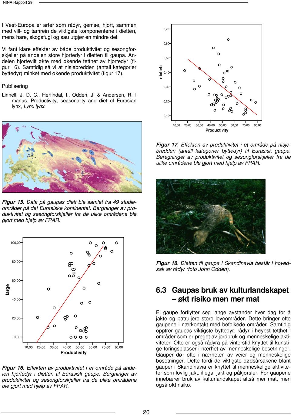 Samtidig så vi at nisjebredden (antall kategorier byttedyr) minket med økende produktivitet (figur 17). Publisering Linnell, J. D. C., Herfindal, I., Odden, J. & Andersen, R. I manus.