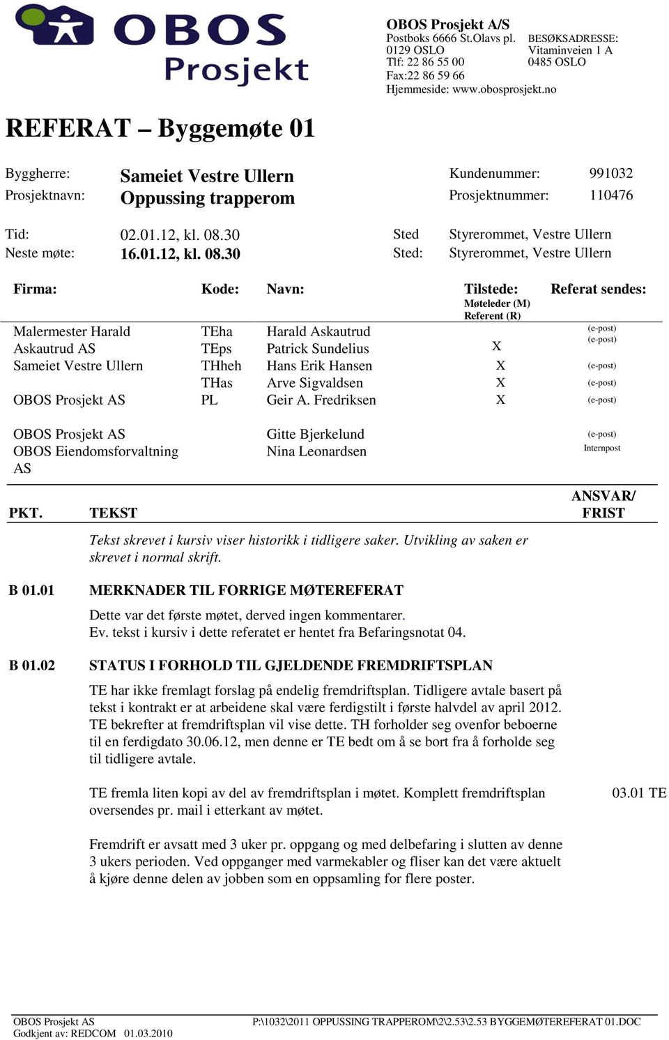 30 Sted Styrerommet, Vestre Ullern Neste møte: 16.01.12, kl. 08.