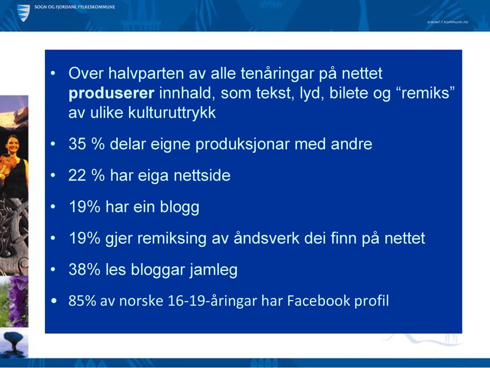 22 % har eiga nettside 19% har ein blogg 19% gjer remiksing av åndsverk dei finn