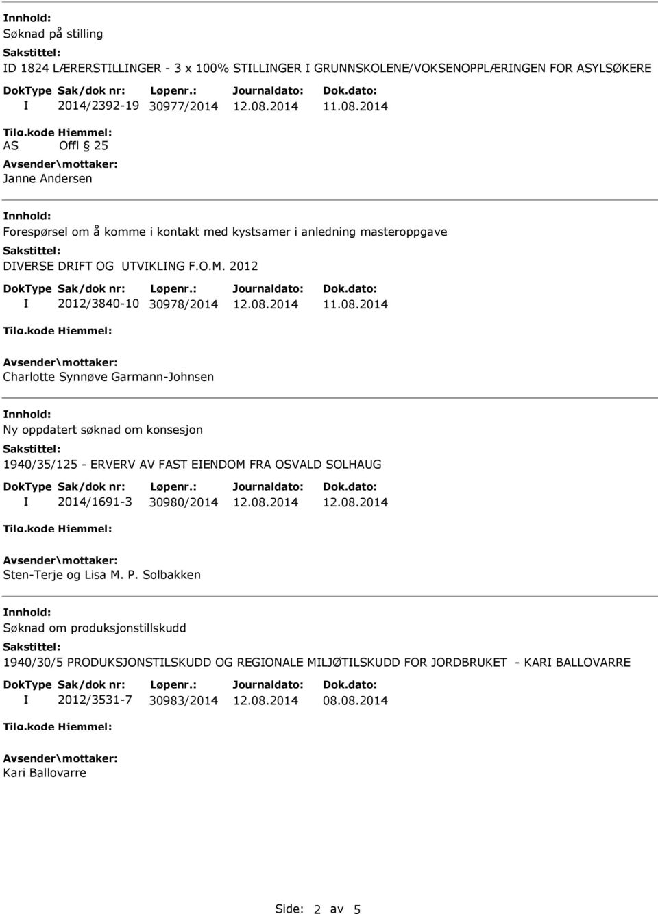 2012 2012/3840-10 30978/2014 Charlotte Synnøve Garmann-Johnsen Ny oppdatert søknad om konsesjon 1940/35/125 - ERVERV AV FAST EENDOM FRA OSVALD SOLHAG