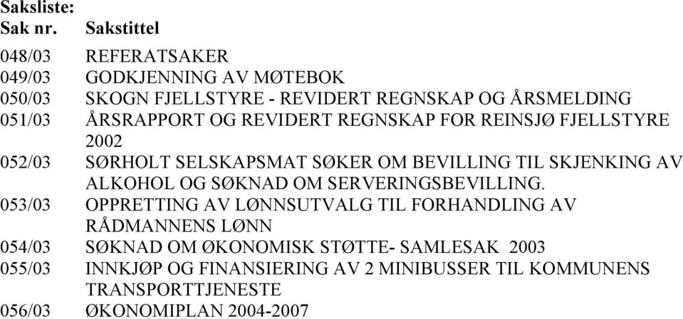 ÅRSRAPPORT OG REVIDERT REGNSKAP FOR REINSJØ FJELLSTYRE 2002 052/03 SØRHOLT SELSKAPSMAT SØKER OM BEVILLING TIL SKJENKING AV ALKOHOL OG