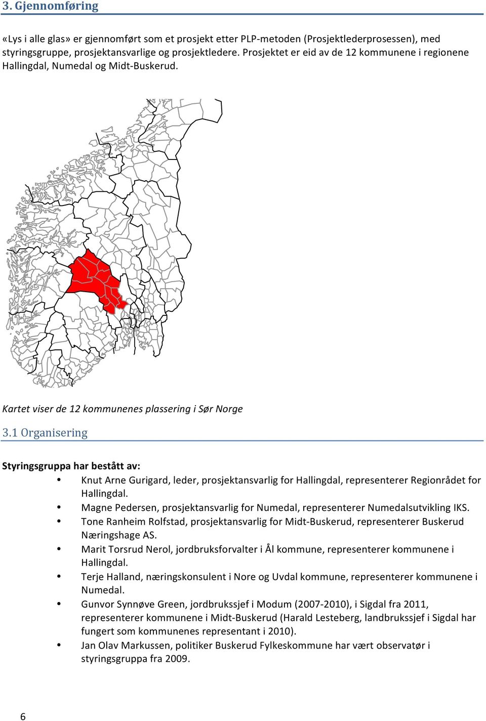 1 Organisering Styringsgruppa har bestått av: Knut Arne Gurigard, leder, prosjektansvarlig for Hallingdal, representerer Regionrådet for Hallingdal.