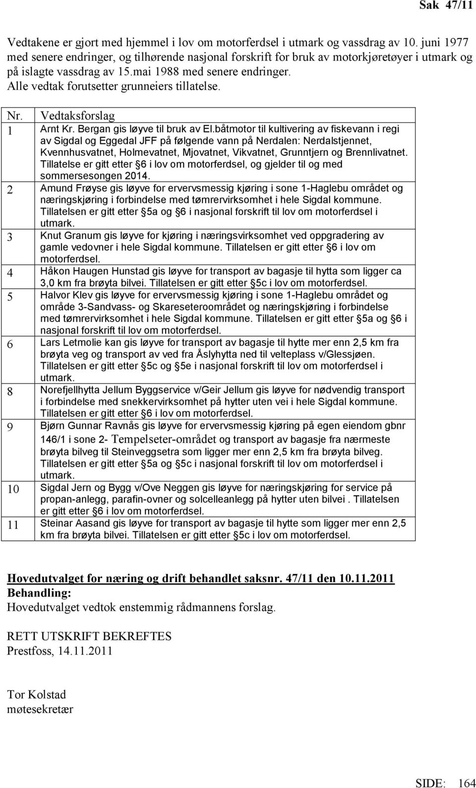 Alle vedtak forutsetter grunneiers tillatelse. Nr. Vedtaksforslag 1 Arnt Kr. Bergan gis løyve til bruk av El.