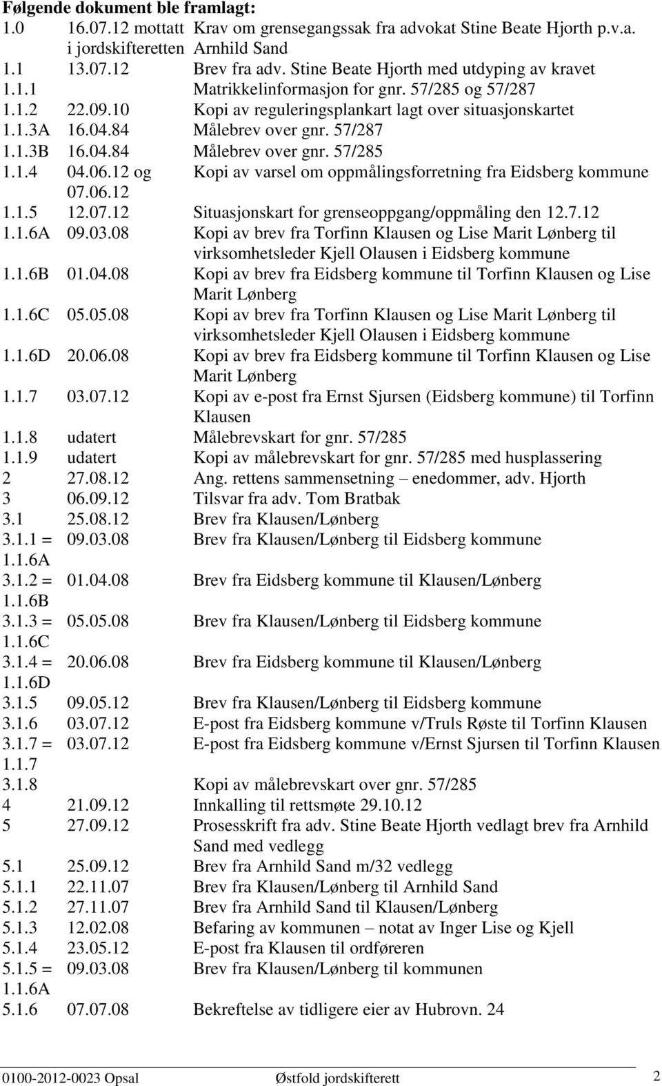 57/287 1.1.3B 16.04.84 Målebrev over gnr. 57/285 1.1.4 04.06.12 og Kopi av varsel om oppmålingsforretning fra Eidsberg kommune 07.06.12 1.1.5 12.07.12 Situasjonskart for grenseoppgang/oppmåling den 12.