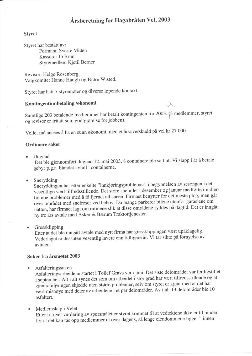 (3 medlemmer, styret og revisor er fritatt som godtgiørelse forjobben) Vellet må ansees å ha en sunn Økonomi, med et årsoverskudd på vel kr 21 OO0' Ordinære saker Dugnad pei Ute gjennomført dugnad lz.