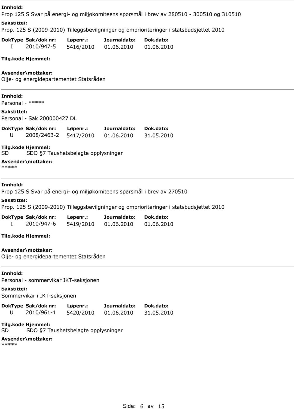 kode SD Hjemmel: SDO 7 Taushetsbelagte opplysninger ***** Prop 125 S Svar på energi- og miljøkomiteens spørsmål i brev av 270510 2010/947-6