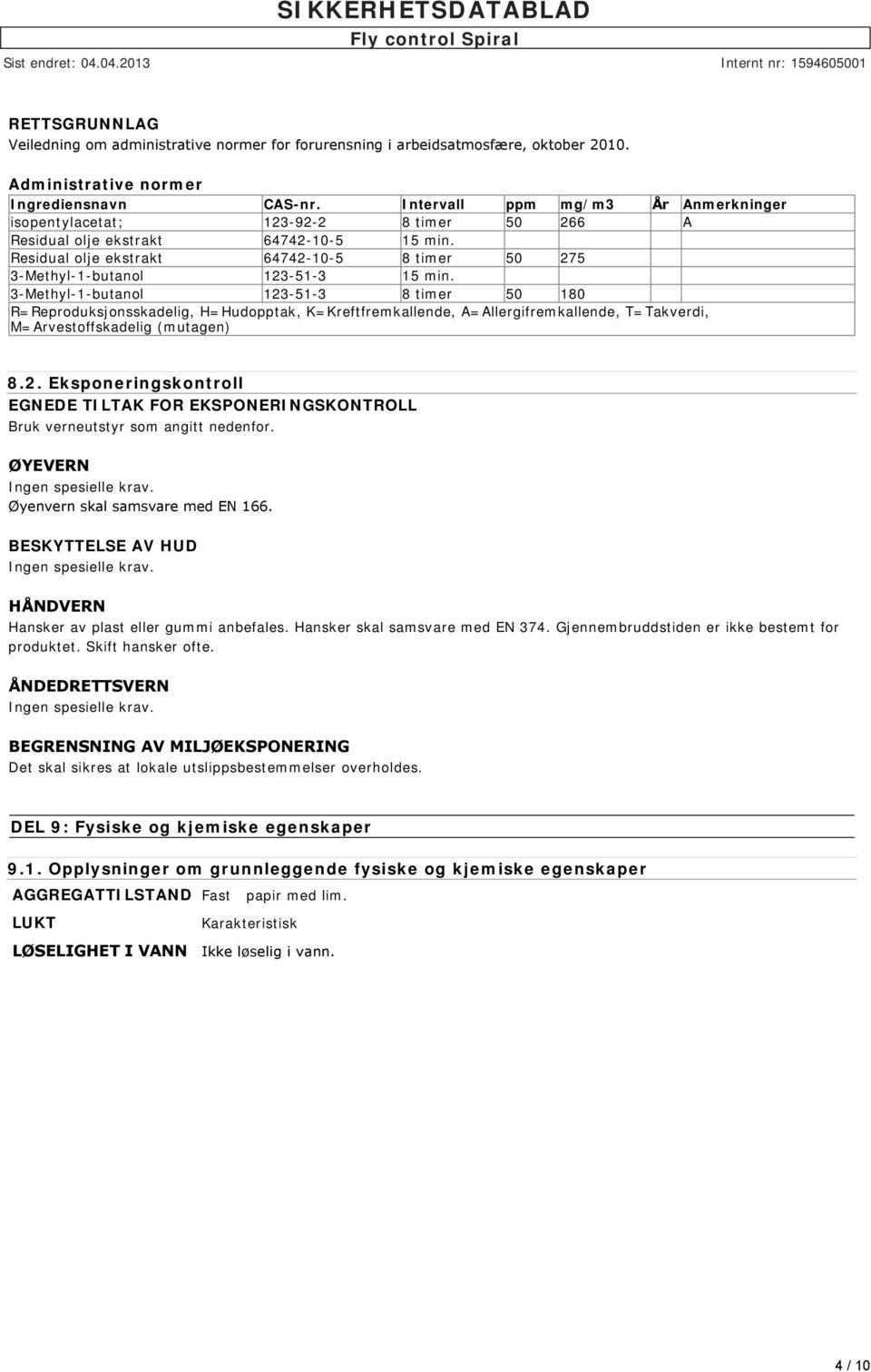 Residual olje ekstrakt 64742-10-5 8 timer 50 275 3-Methyl-1-butanol 123-51-3 15 min.