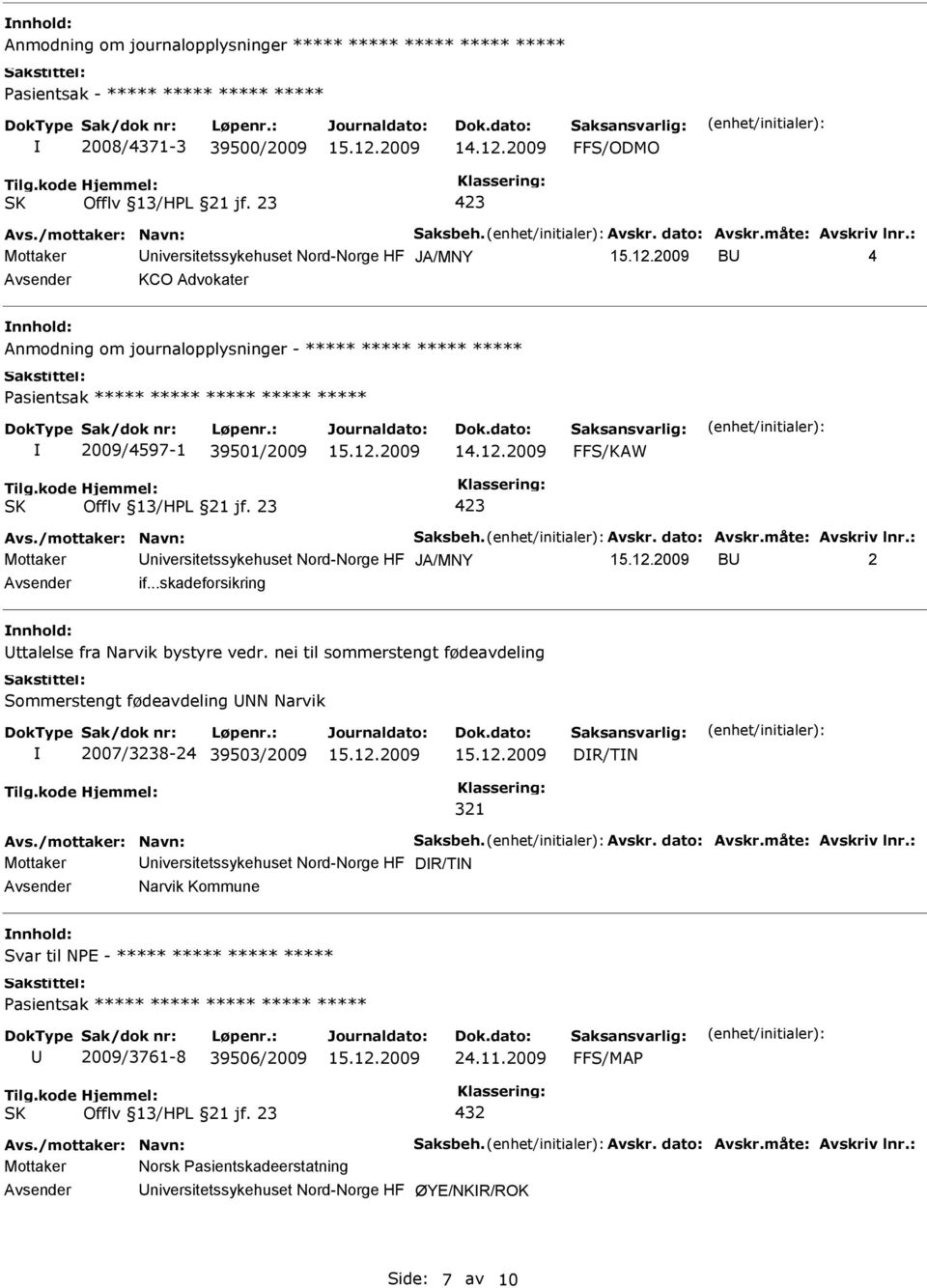 : Mottaker JA/MNY B 2 if...skadeforsikring ttalelse fra Narvik bystyre vedr. nei til sommerstengt fødeavdeling Sommerstengt fødeavdeling NN Narvik 2007/3238-24 39503/2009 DR/TN 321 Avs.