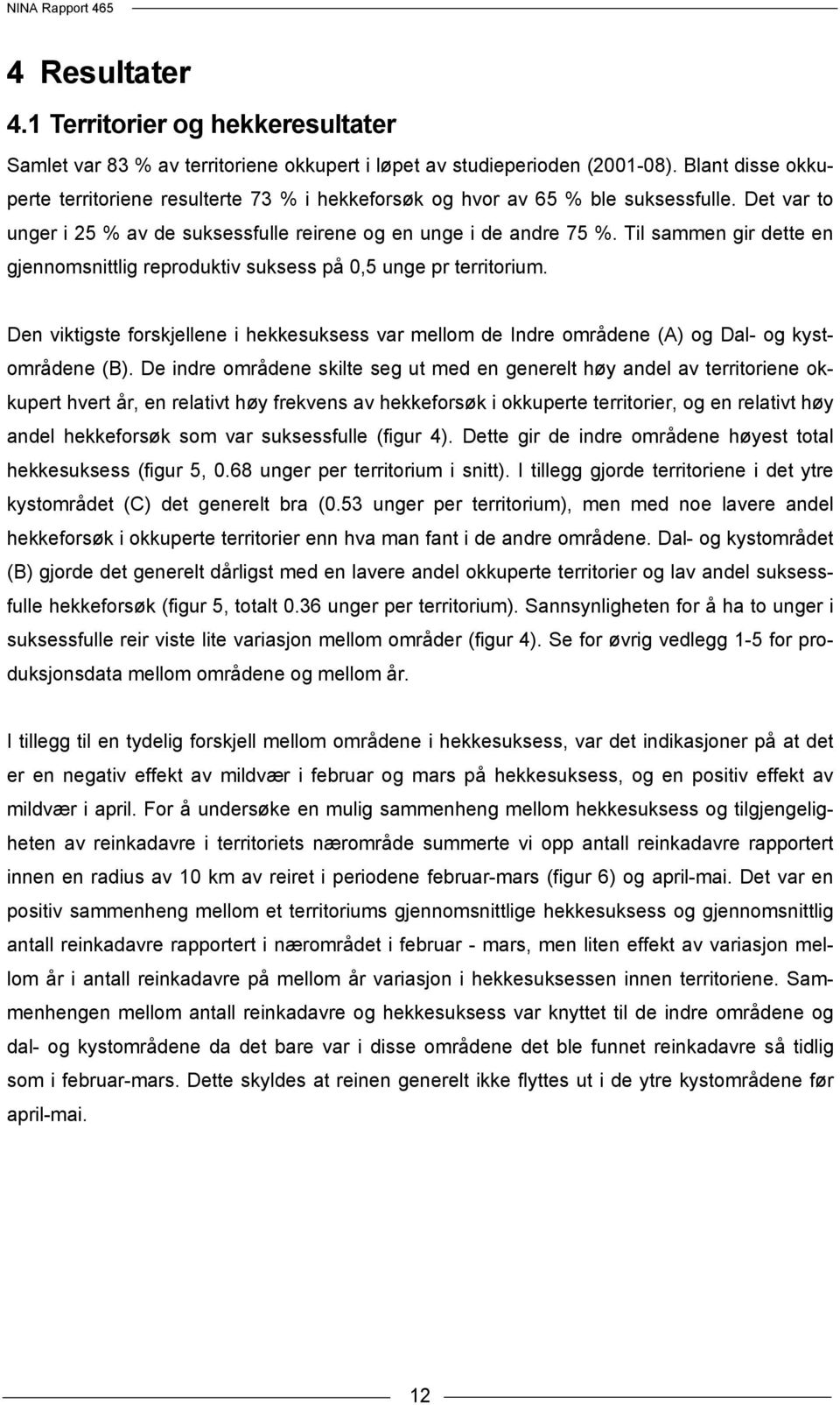 Til sammen gir dette en gjennomsnittlig reproduktiv suksess på 0,5 unge pr territorium. Den viktigste forskjellene i hekkesuksess var mellom de Indre områdene (A) og Dal- og kystområdene (B).