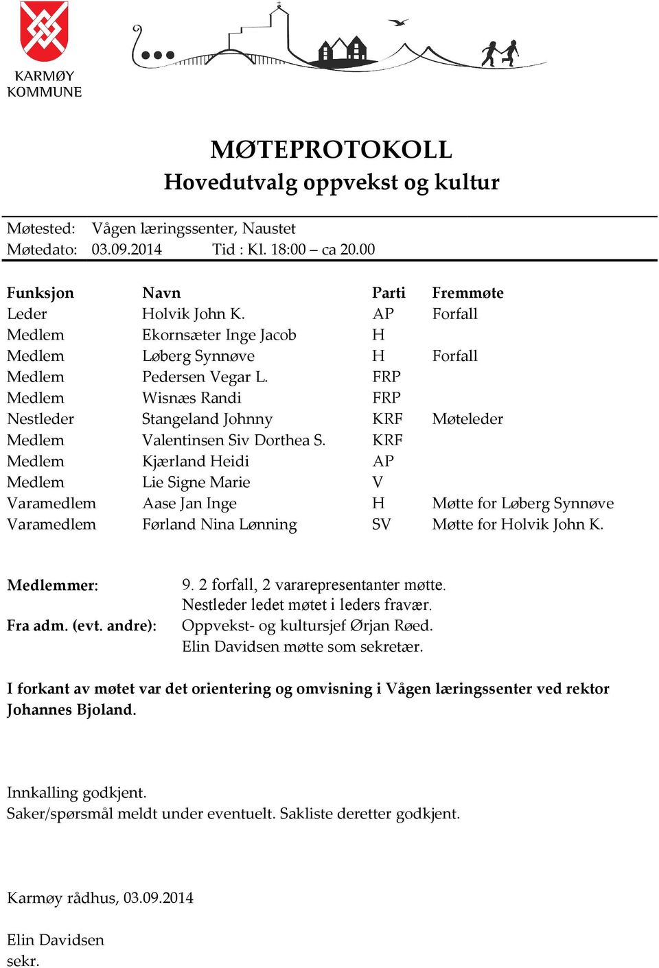 FRP Medlem Wisnæs Randi FRP Nestleder Stangeland Johnny KRF Møteleder Medlem Valentinsen Siv Dorthea S.