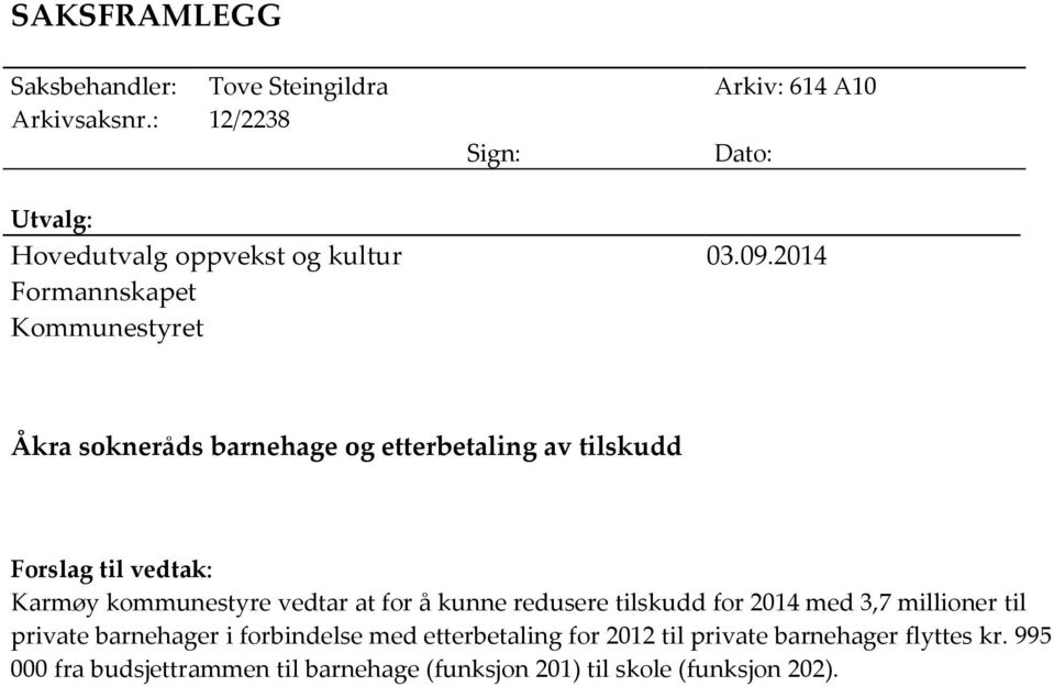 2014 Formannskapet Kommunestyret Åkra sokneråds barnehage og etterbetaling av tilskudd Forslag til vedtak: Karmøy kommunestyre