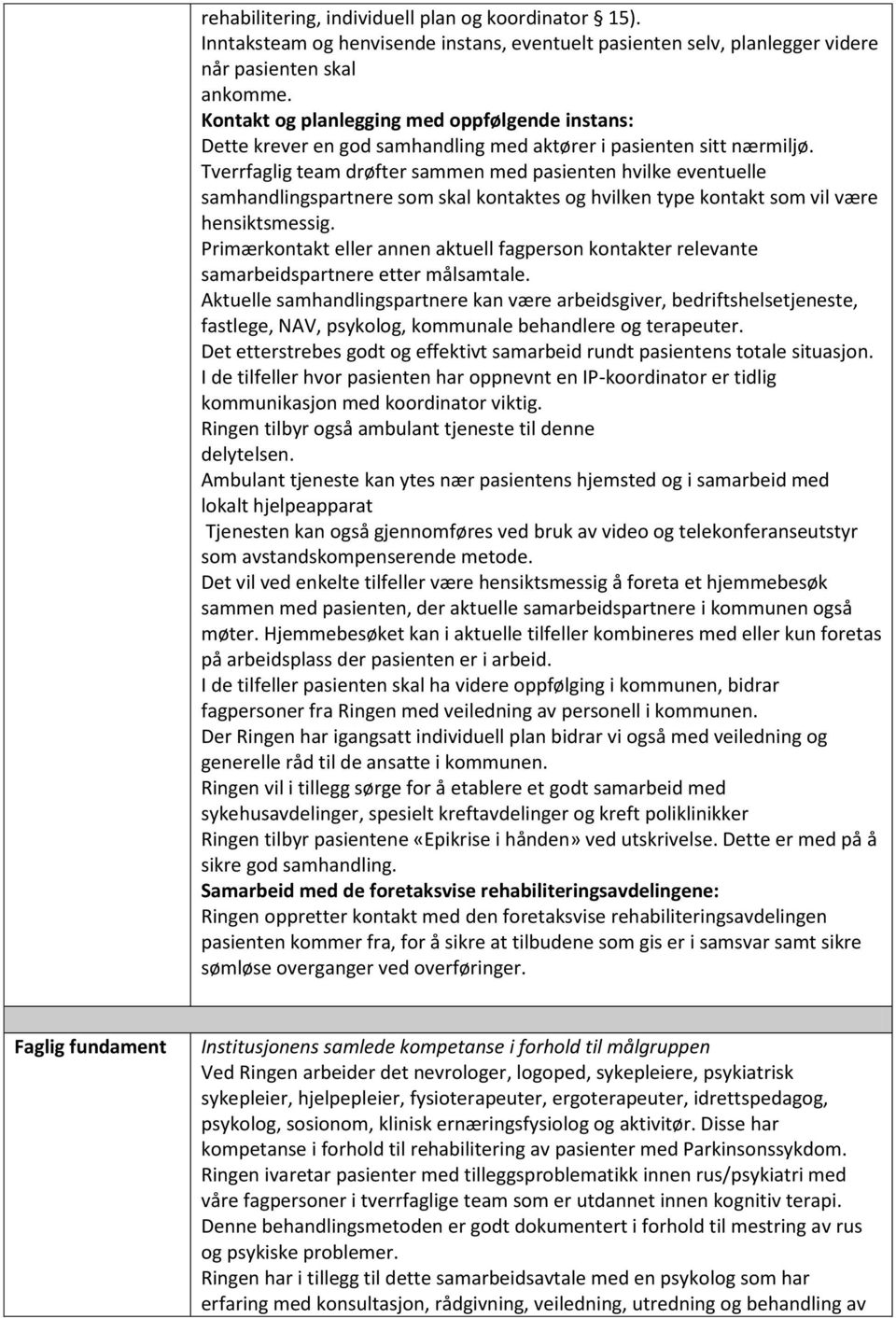 Tverrfaglig team drøfter sammen med pasienten hvilke eventuelle samhandlingspartnere som skal kontaktes og hvilken type kontakt som vil være hensiktsmessig.