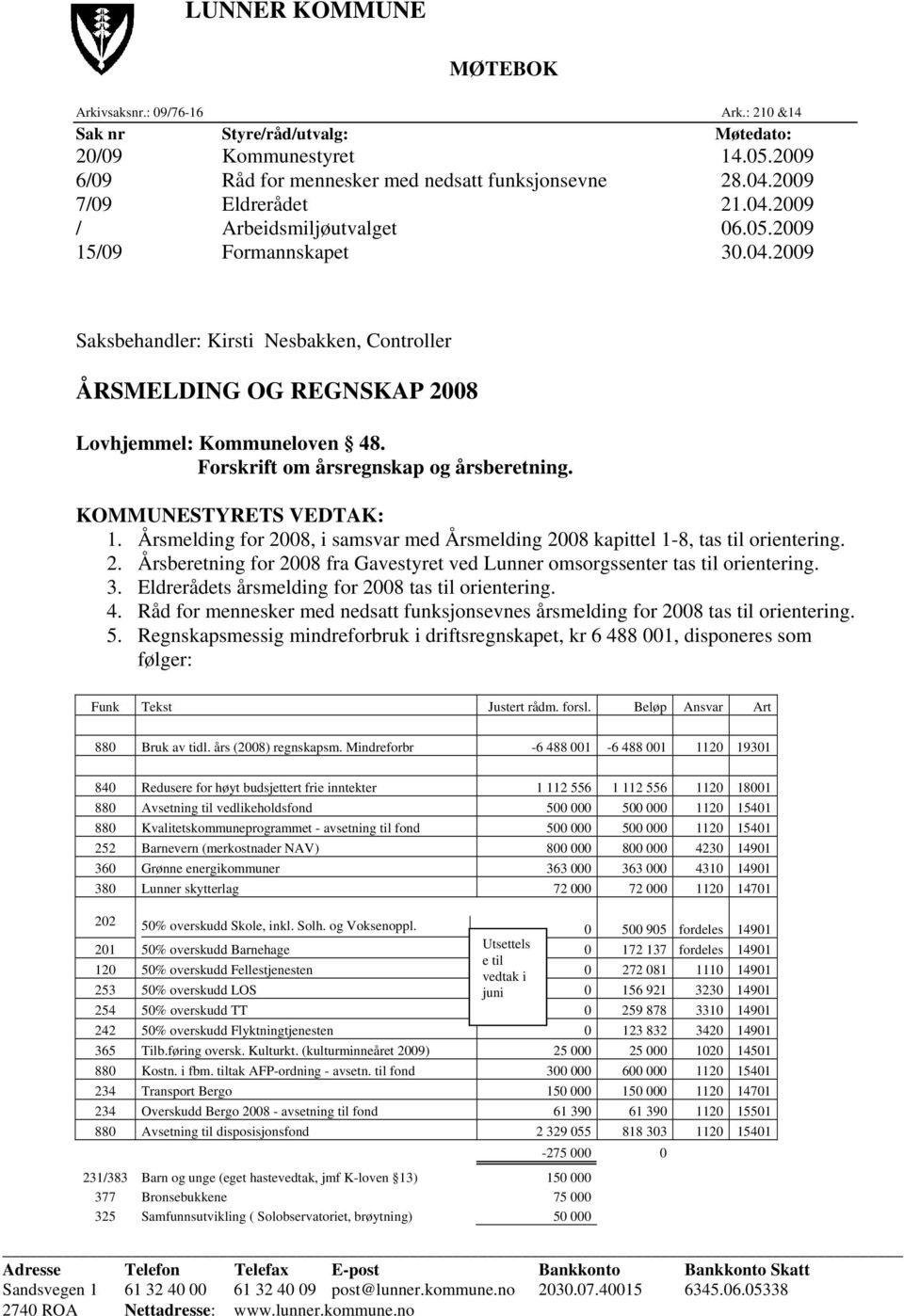 Forskrift om årsregnskap og årsberetning. KOMMUNESTYRETS VEDTAK: 1. Årsmelding for 2008, i samsvar med Årsmelding 2008 kapittel 1-8, tas til orientering. 2. Årsberetning for 2008 fra Gavestyret ved Lunner omsorgssenter tas til orientering.