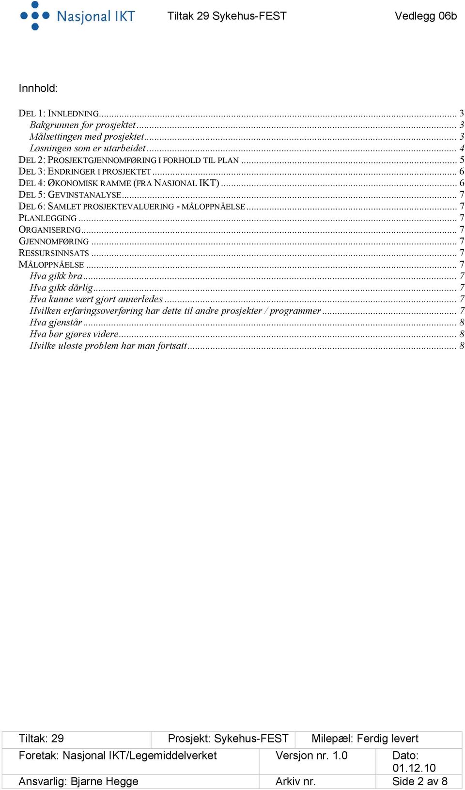 .. 7 ORGANISERING... 7 GJENNOMFØRING... 7 RESSURSINNSATS... 7 MÅLOPPNÅELSE... 7 Hva gikk bra... 7 Hva gikk dårlig... 7 Hva kunne vært gjort annerledes.