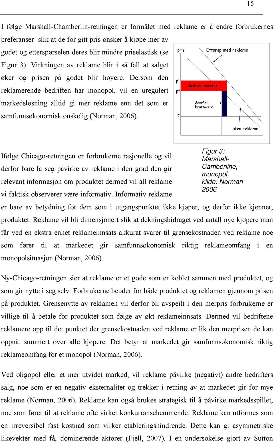 Dersom den reklamerende bedriften har monopol, vil en uregulert markedsløsning alltid gi mer reklame enn det som er samfunnsøkonomisk ønskelig (Norman, 2006).