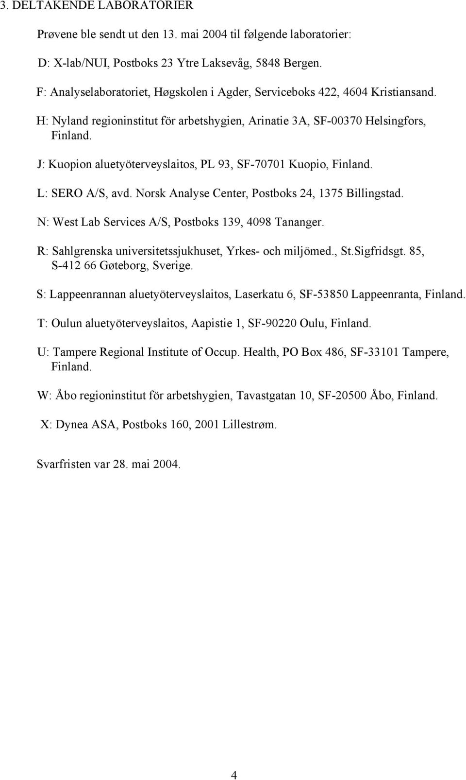 J: Kuopion aluetyöterveyslaitos, PL 93, SF-70701 Kuopio, Finland. L: SERO A/S, avd. Norsk Analyse Center, Postboks 24, 1375 Billingstad. N: West Lab Services A/S, Postboks 139, 4098 Tananger.