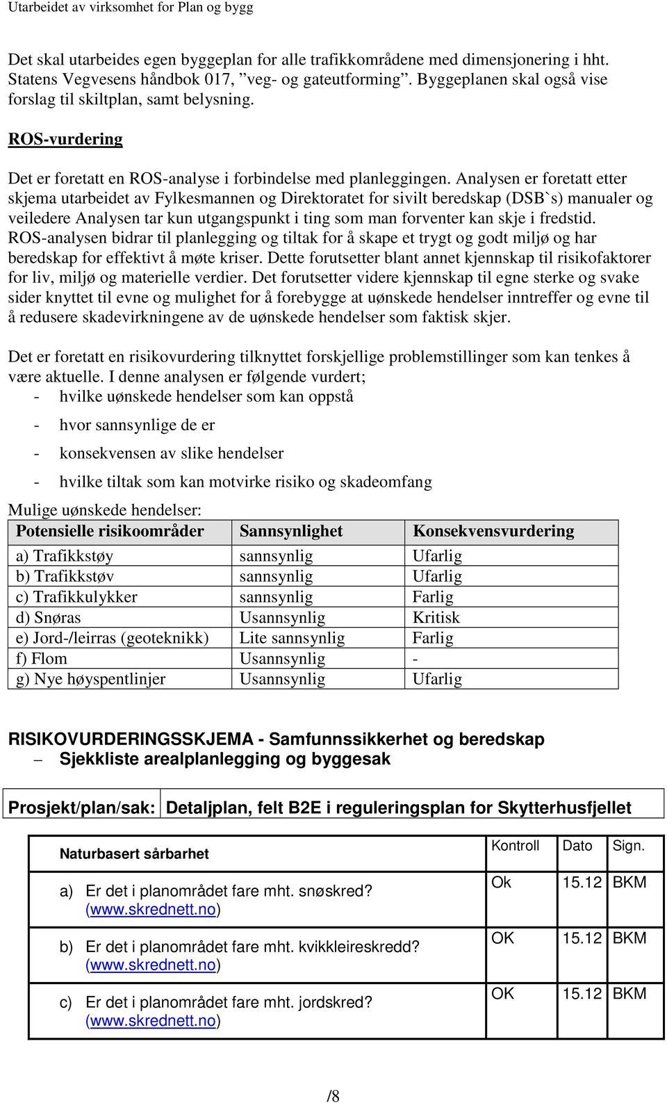 Analysen er foretatt etter skjema utarbeidet av Fylkesmannen og Direktoratet for sivilt beredskap (DSB`s) manualer og veiledere Analysen tar kun utgangspunkt i ting som man forventer kan skje i