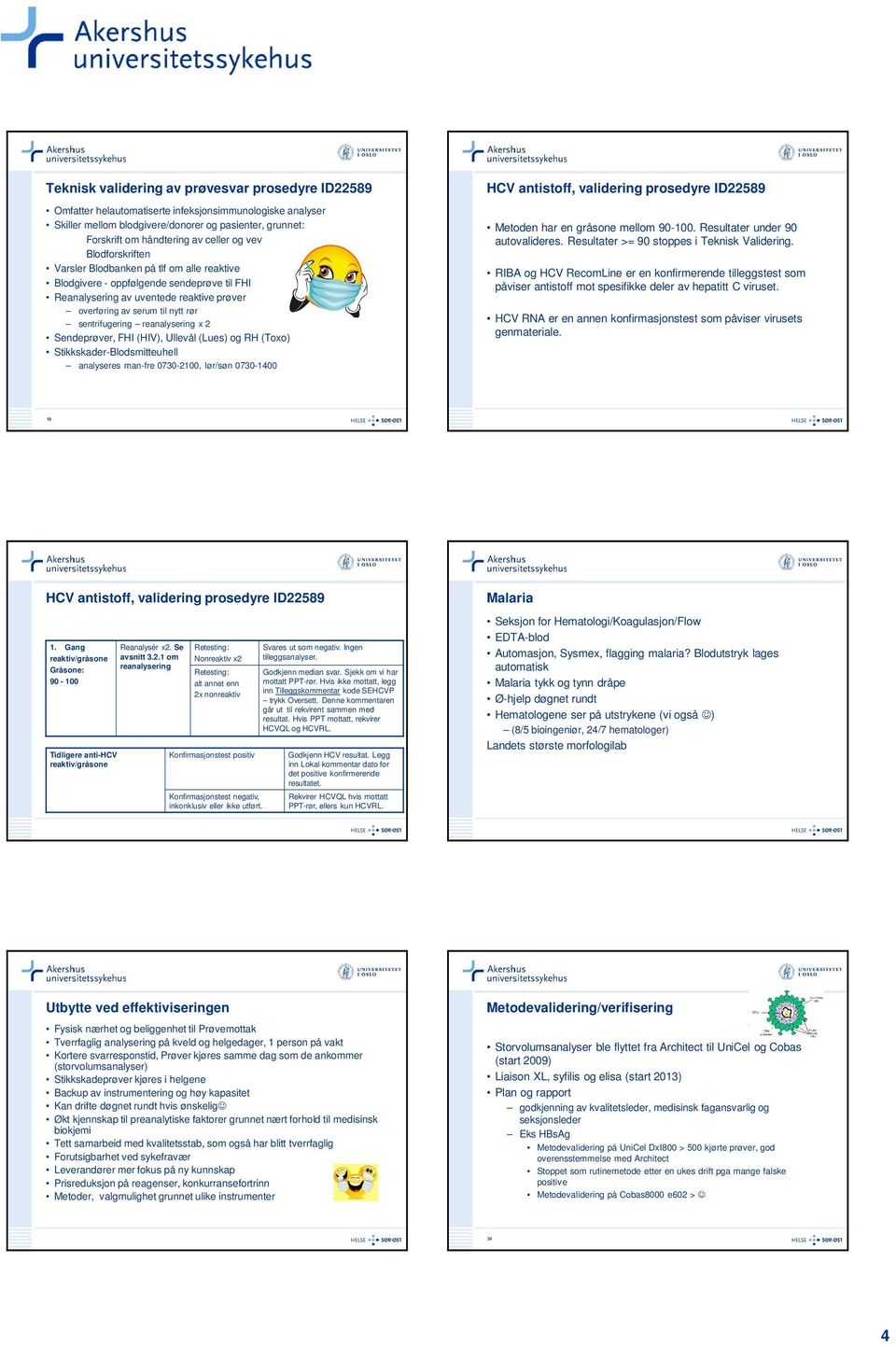 reanalysering x 2 Sendeprøver, FHI (HIV), Ullevål (Lues) og RH (Toxo) Stikkskader-Blodsmitteuhell analyseres man-fre 0730-2100, lør/søn 0730-1400 HCV antistoff, validering prosedyre ID22589 Metoden