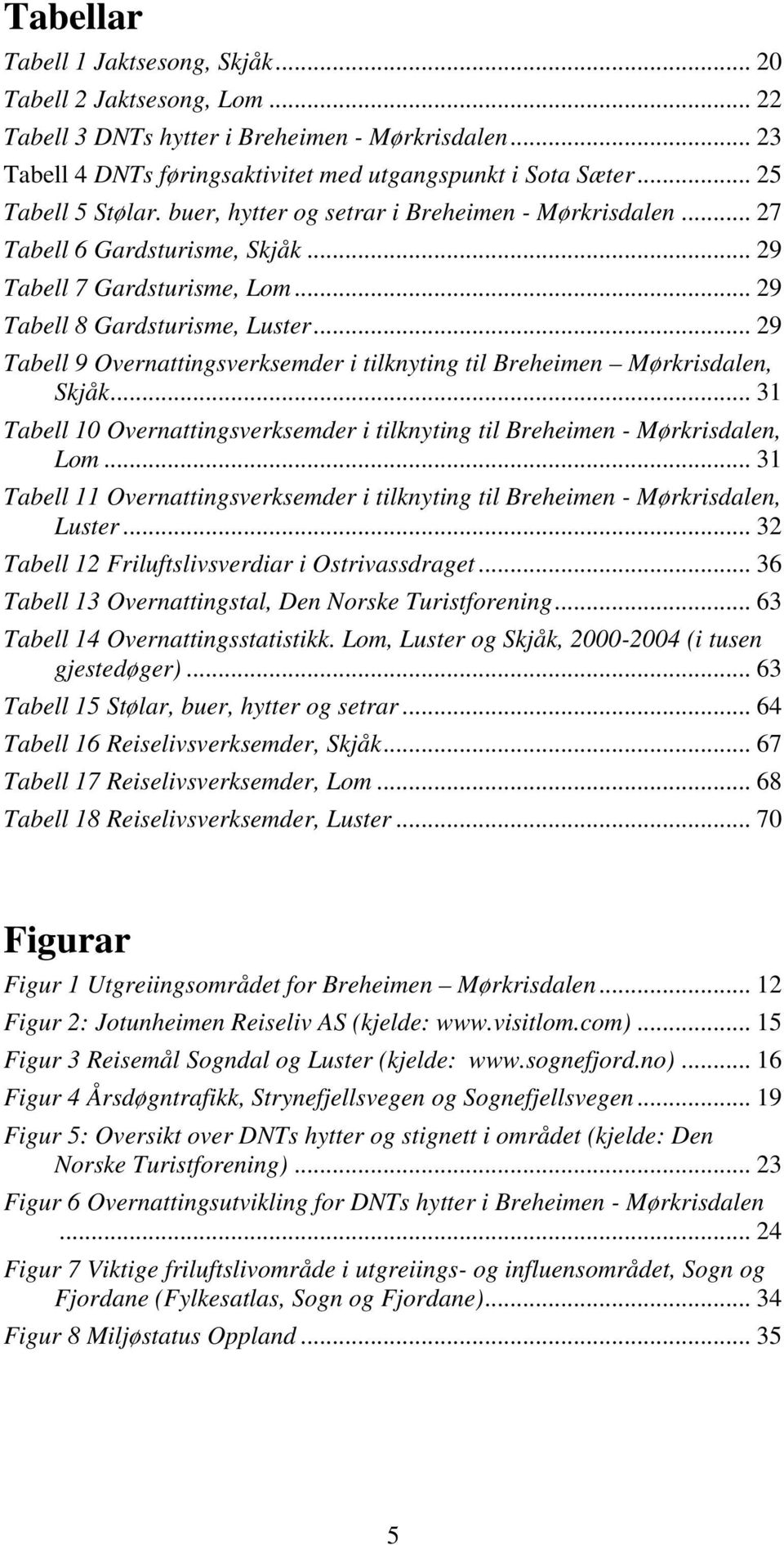 .. 29 Tabell 9 Overnattingsverksemder i tilknyting til Breheimen Mørkrisdalen, Skjåk... 31 Tabell 10 Overnattingsverksemder i tilknyting til Breheimen - Mørkrisdalen, Lom.