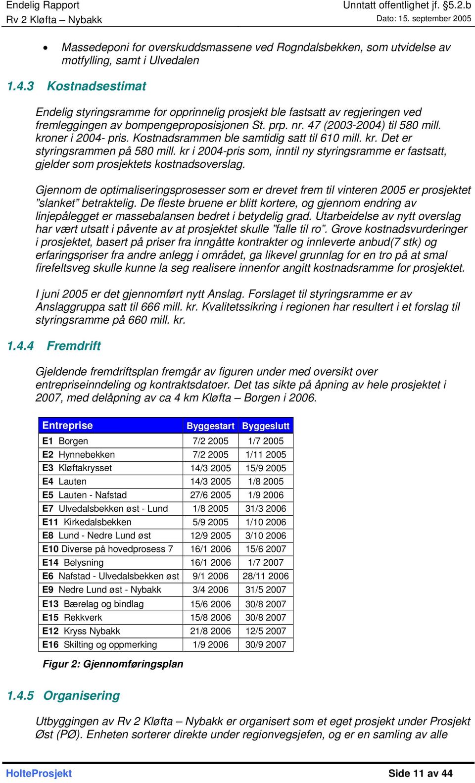 Kostnadsrammen ble samtidig satt til 610 mill. kr. Det er styringsrammen på 580 mill. kr i 2004-pris som, inntil ny styringsramme er fastsatt, gjelder som prosjektets kostnadsoverslag.