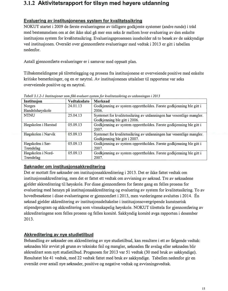 Evalueringsprosessen inneholder nå to besøk av de sakkyndige ved institusjonen. Oversikt over gjennomførte evalueringer med vedtak i 2013 er gitt i tabellen nedenfor.