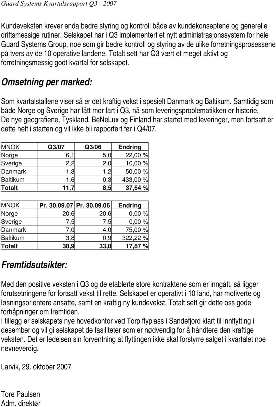 Totalt sett har Q3 vært et meget aktivt og forretningsmessig godt kvartal for selskapet. Omsetning per marked: Som kvartalstallene viser så er det kraftig vekst i spesielt Danmark og Baltikum.