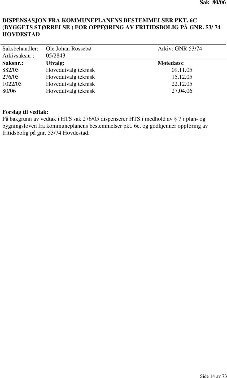 05 276/05 Hovedutvalg teknisk 15.12.05 1022/05 Hovedutvalg teknisk 22.12.05 80/06 Hovedutvalg teknisk 27.04.