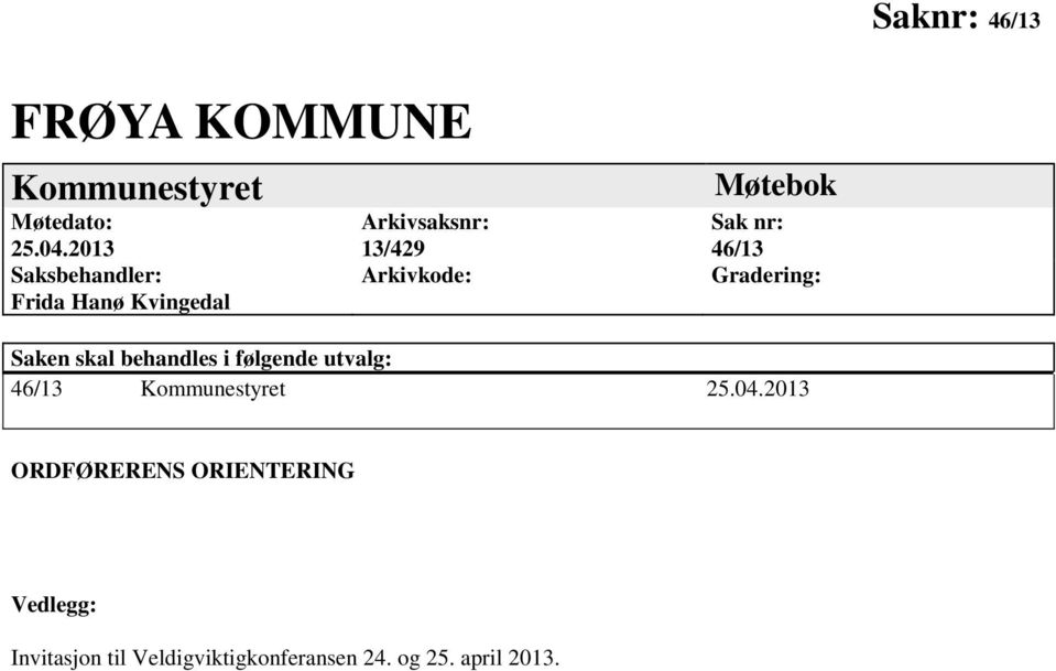 Sak nr: 46/13 Gradering: Saken skal behandles i følgende utvalg: 46/13