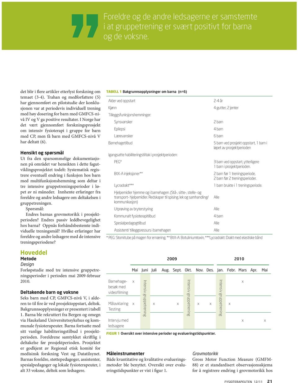 I Norge har det vært gjennomført forskningsprosjekt om intensiv fysioterapi i gruppe for barn med CP, men få barn med GMFCS-nivå V har deltatt (6).