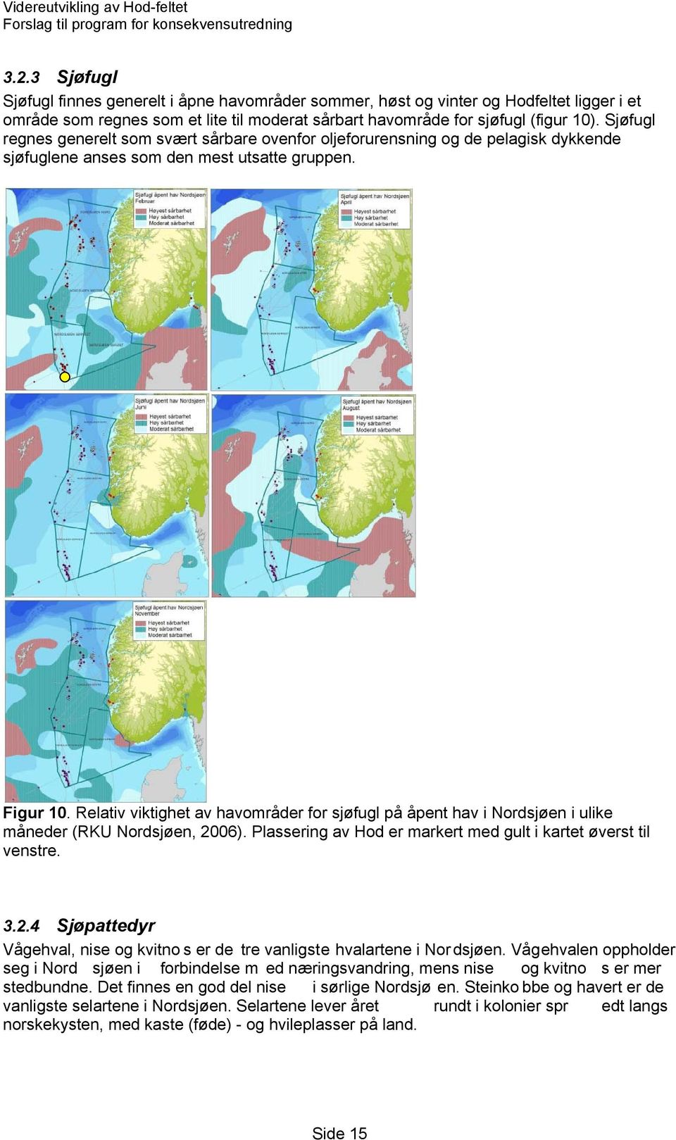 Relativ viktighet av havområder for sjøfugl på åpent hav i Nordsjøen i ulike måneder (RKU Nordsjøen, 2006). Plassering av Hod er markert med gult i kartet øverst til venstre. 3.2.4 Sjøpattedyr Vågehval, nise og kvitno s er de tre vanligste hvalartene i Nordsjøen.